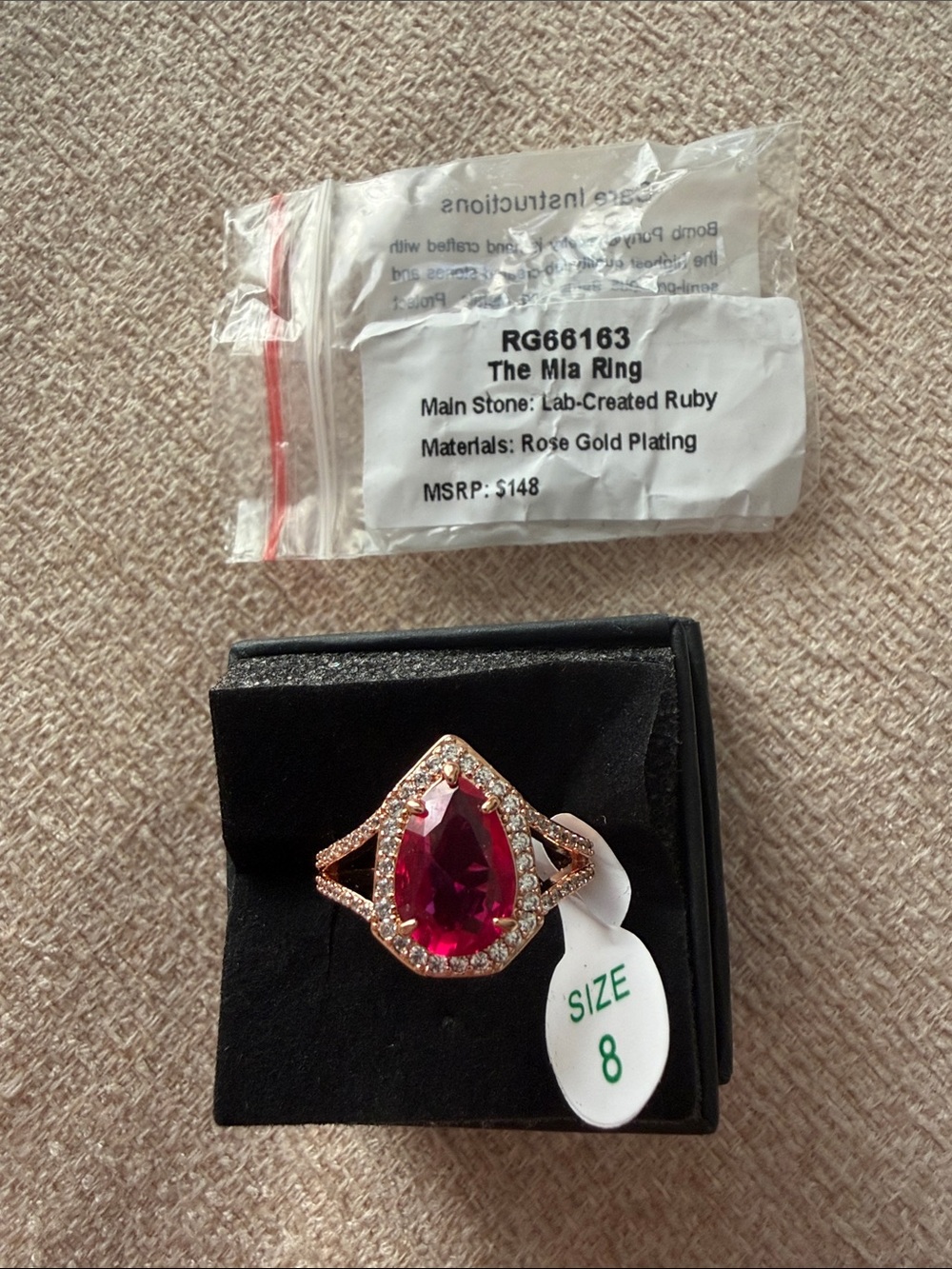 NWT-Bomb Party July 2026-The Mia Ring-Lab-Created Ruby  in Rose Gold - Size 8